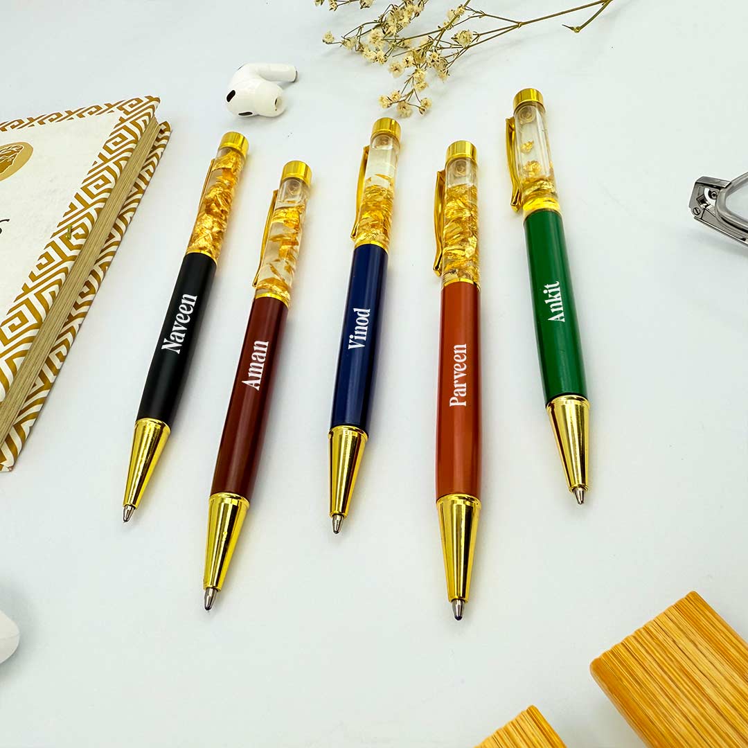 personalized-pen-transparent-filled-with-golden-foil-flakes