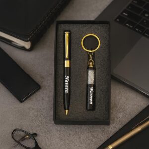 Personalized Black & Gold Crystal Pen & Keychain Set